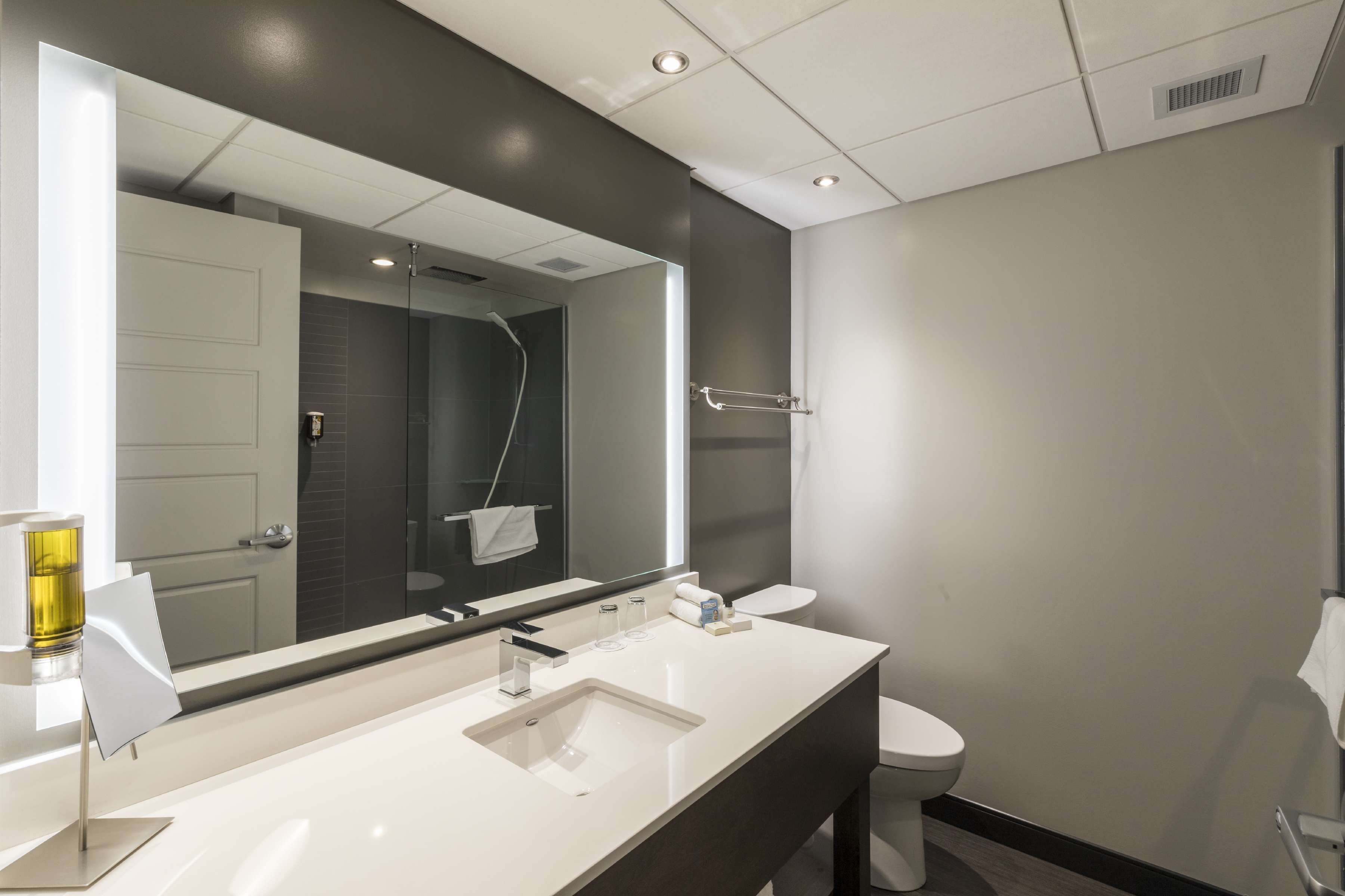 Une salle de bain moderne avec un grand miroir, un lavabo blanc et des toilettes.