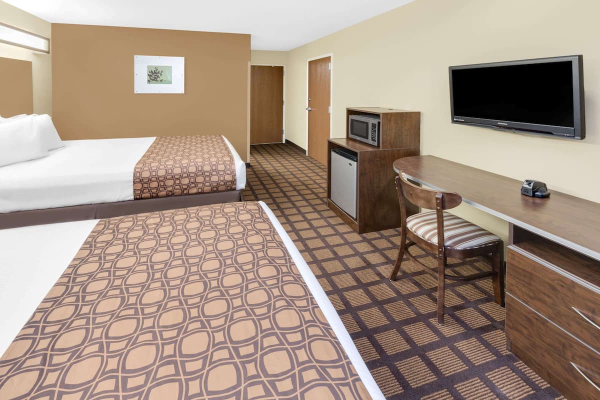 A hotel room with two beds, a desk, a microwave, a television, and a patterned carpet.