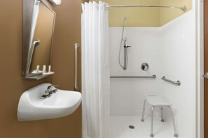 A bathroom with a white sink, a mirror, a shower with a grab bar, and a wheelchair-accessible shower seat. - Microtel Inn & Suites by Wyndham Ozark (Ozark)