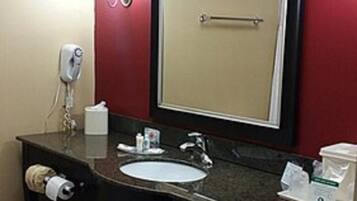 A hotel bathroom with a large mirror, a sink, a towel rack, and a trash bin.