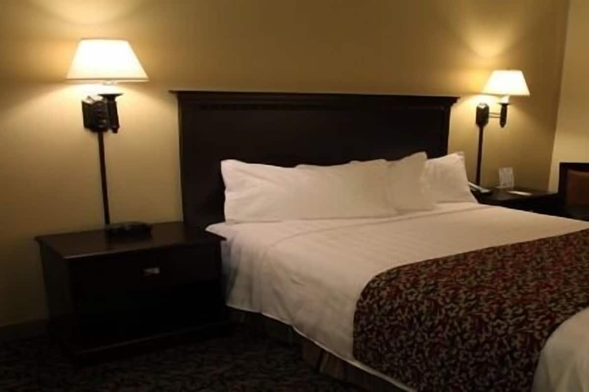 A hotel room with a large bed, two bedside lamps, a dark headboard, and a window with curtains.