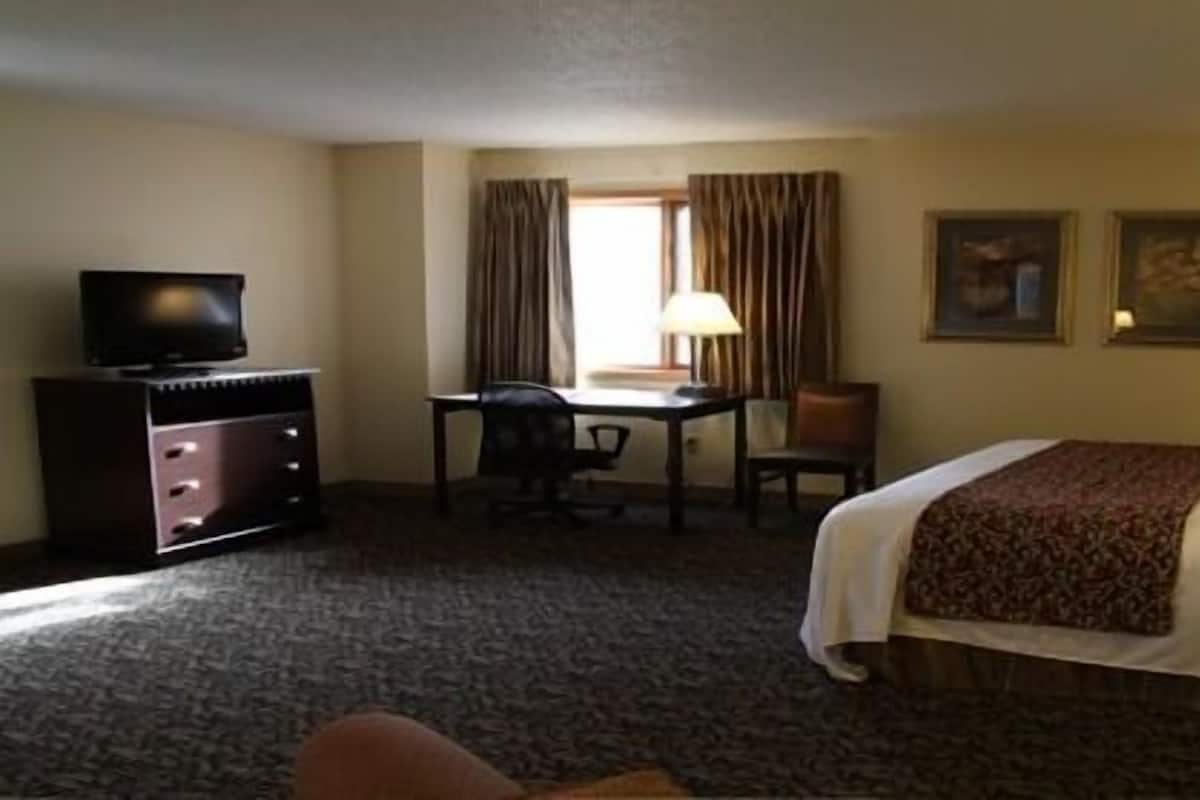 A hotel room with a bed, desk, chair, television, lamps, and artwork on the walls.
