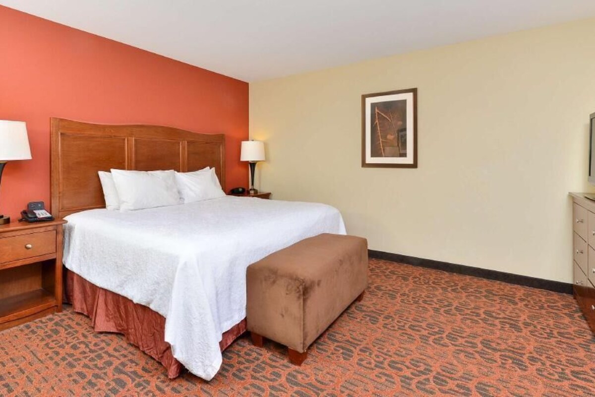 A hotel room with a bed, bedside tables, a television, and a patterned carpet.