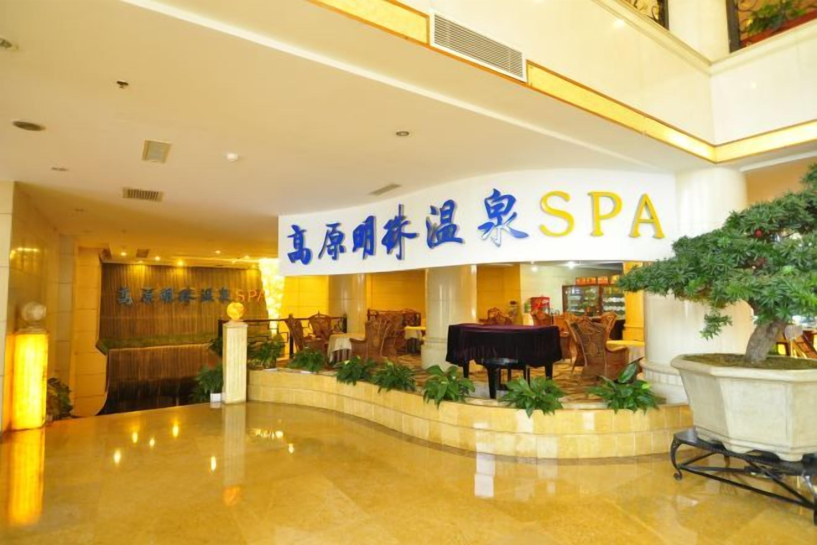 A hotel lobby with a reception desk, a sign for a spa, and a seating area with plants.