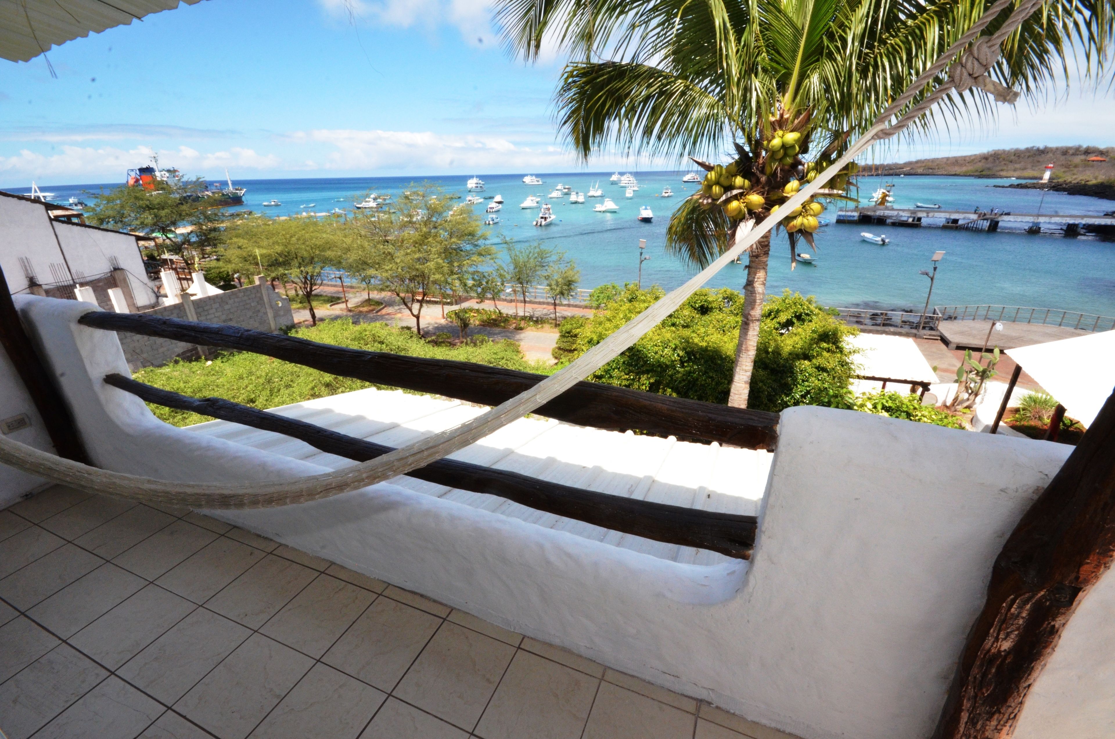 A balcony with a hammock, a view of boats on the water, and a palm tree.