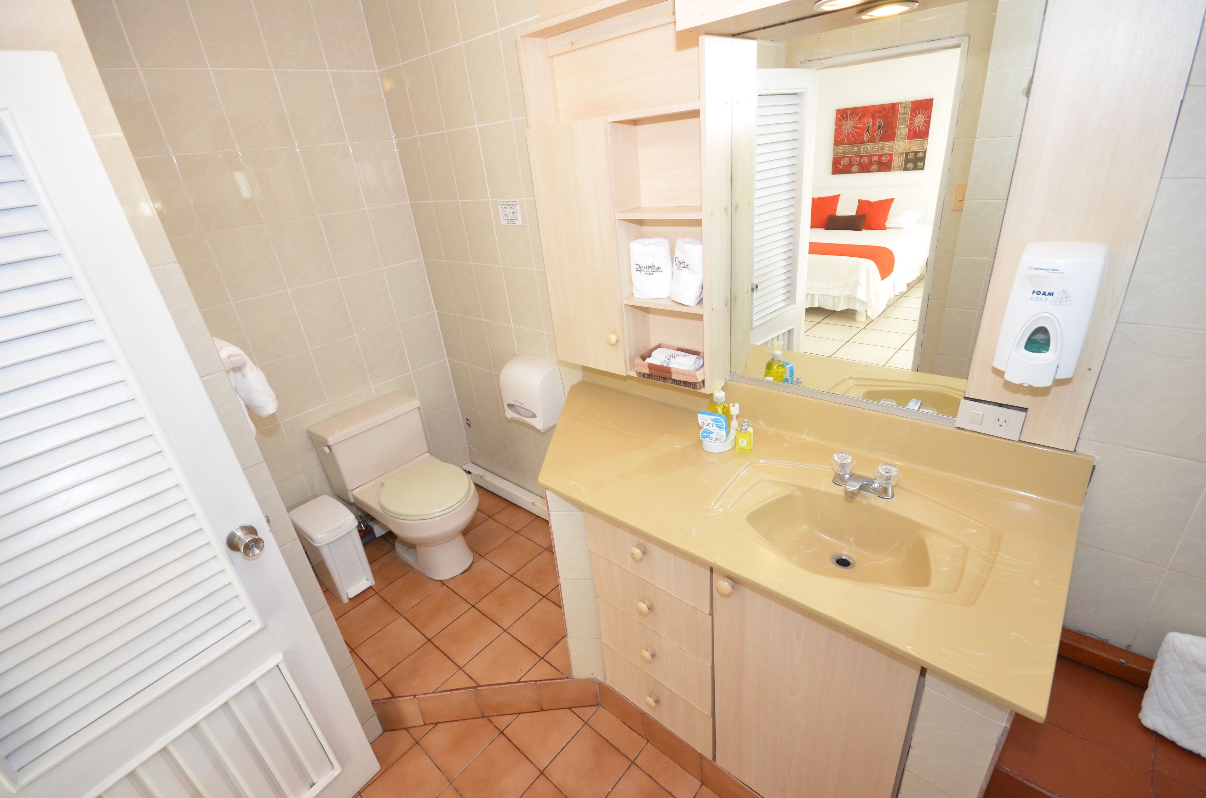 A bathroom with a beige sink, a toilet, and a mirror. There is a shelf with toiletries and a towel rack.