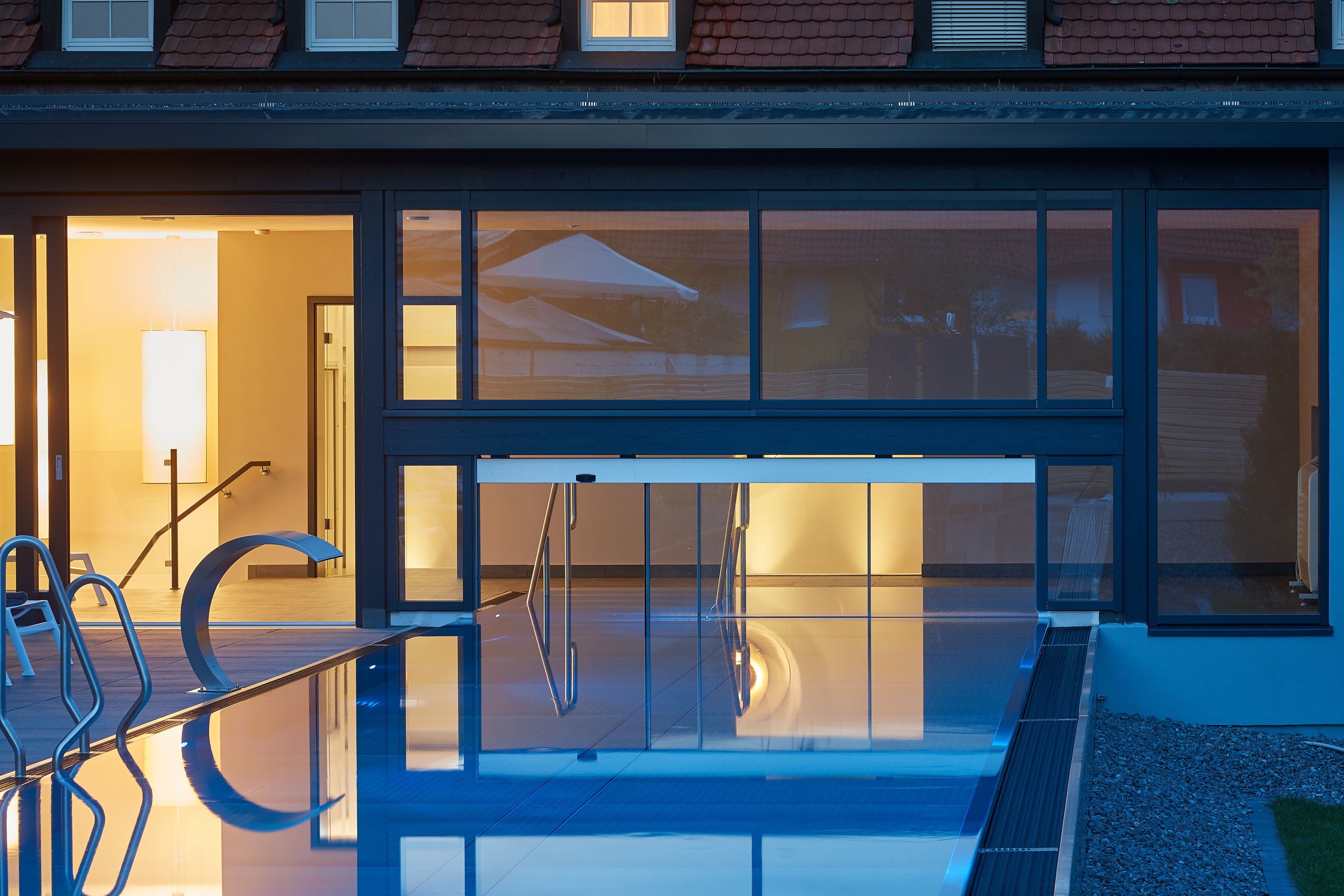 outdoor pool, pool umbrellas, pool loungers