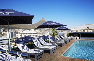 Outdoor pool, pool umbrellas, pool loungers