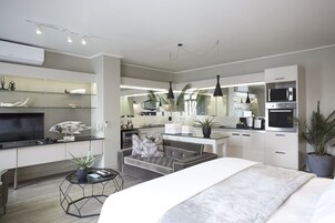 Full-sized fridge, microwave, oven, stovetop