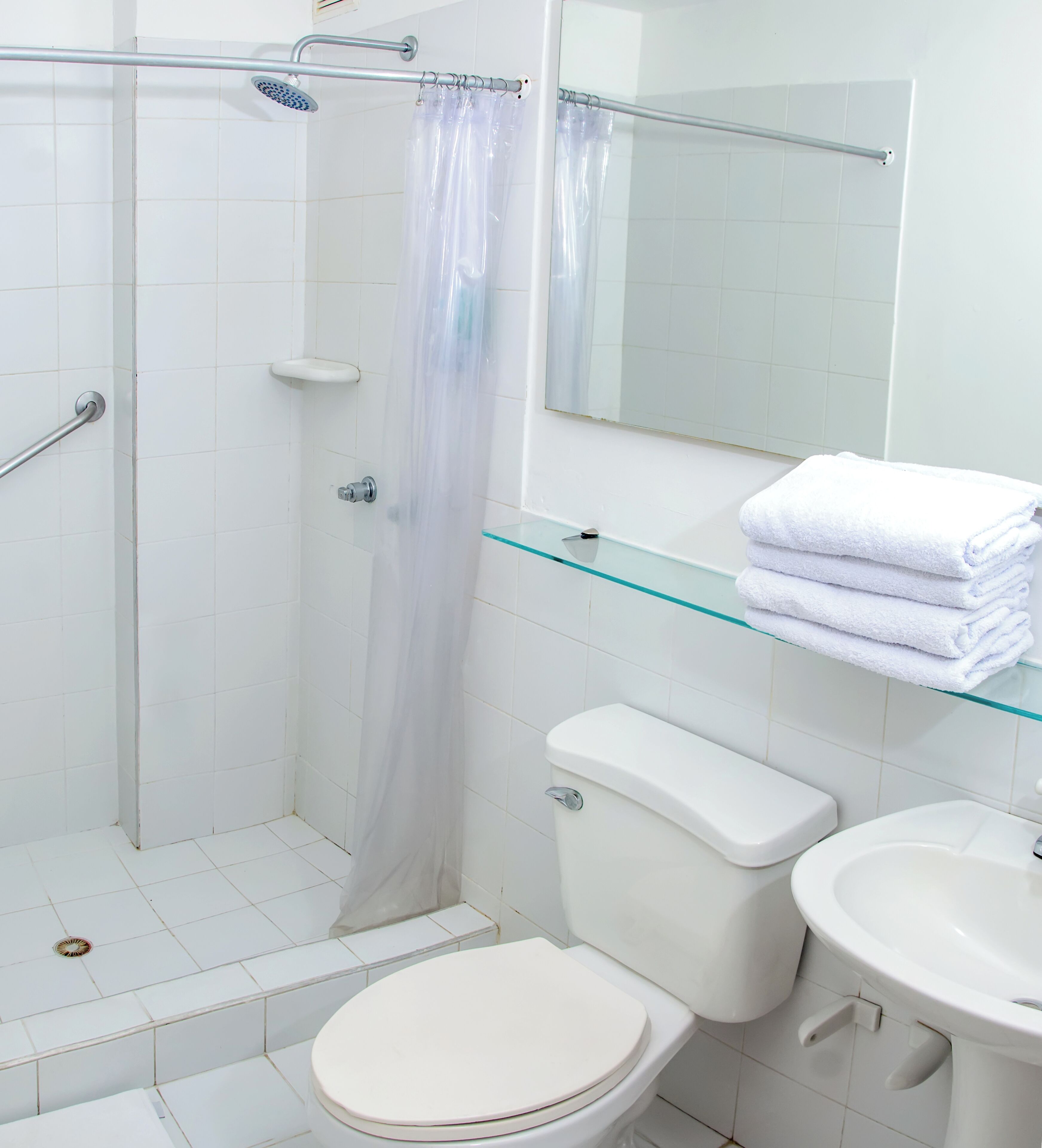 A bathroom with a glass shower enclosure, a toilet, a sink, and a mirror.