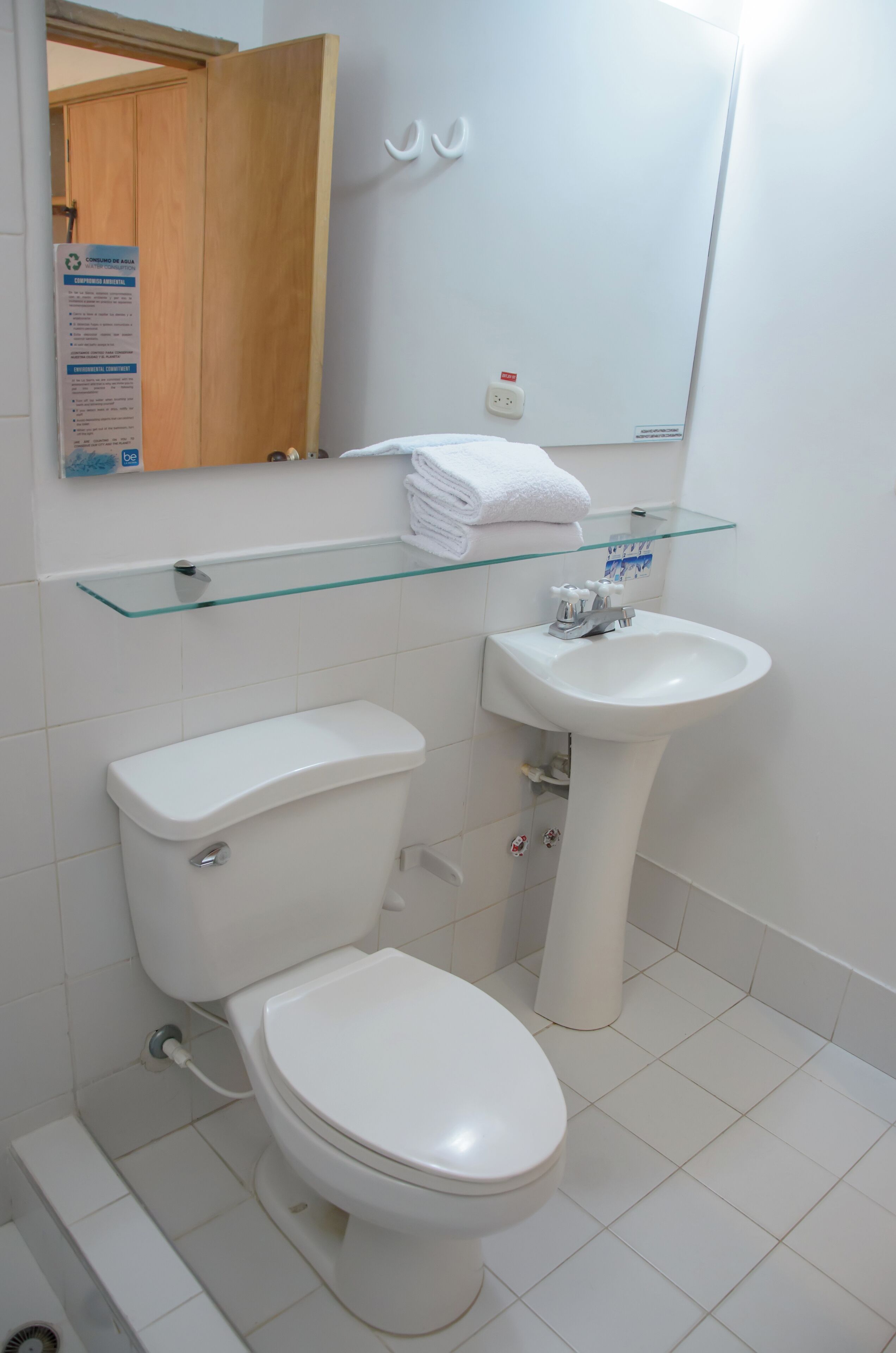 A bathroom with a toilet, sink, and glass shelf.