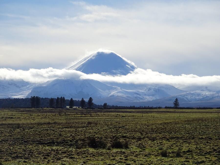 A mountain landscape with a prominent peak partially obscured by clouds, a flat field in the foreground, and a line of trees at the base of the mountain.