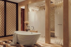 Separate tub and shower, deep soaking tub, rainfall showerhead