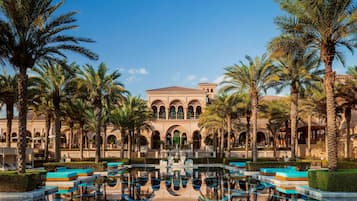 Outdoor pool, pool umbrellas, pool loungers