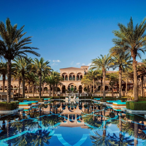 Outdoor pool, pool umbrellas, pool loungers