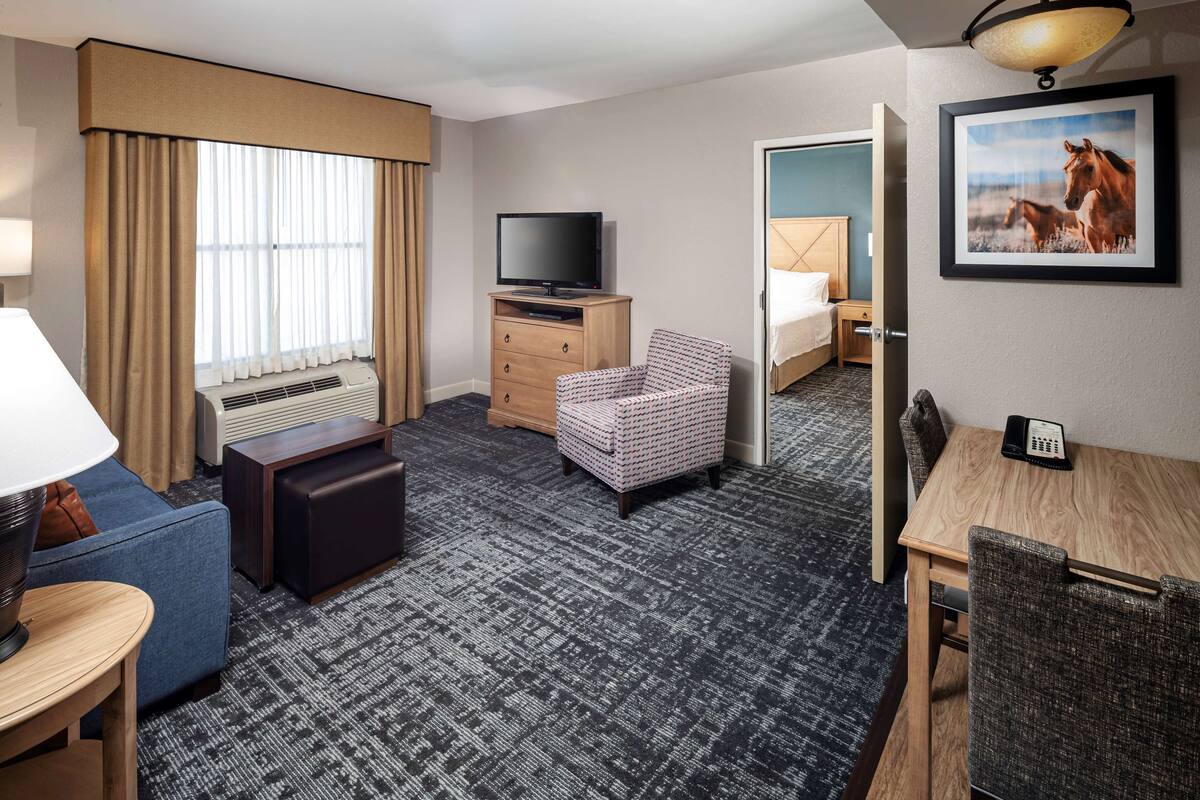 A hotel room with a TV, a desk, a chair, a sofa, a small table, a lamp, a picture on the wall, and a window with curtains.