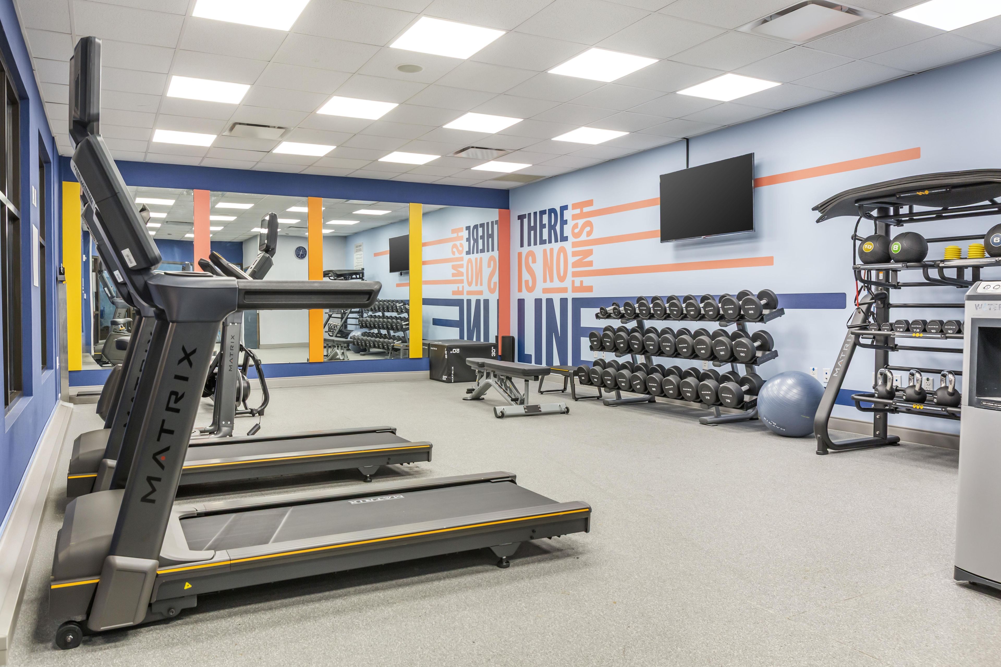 A gym with treadmills, dumbbells, and exercise balls.