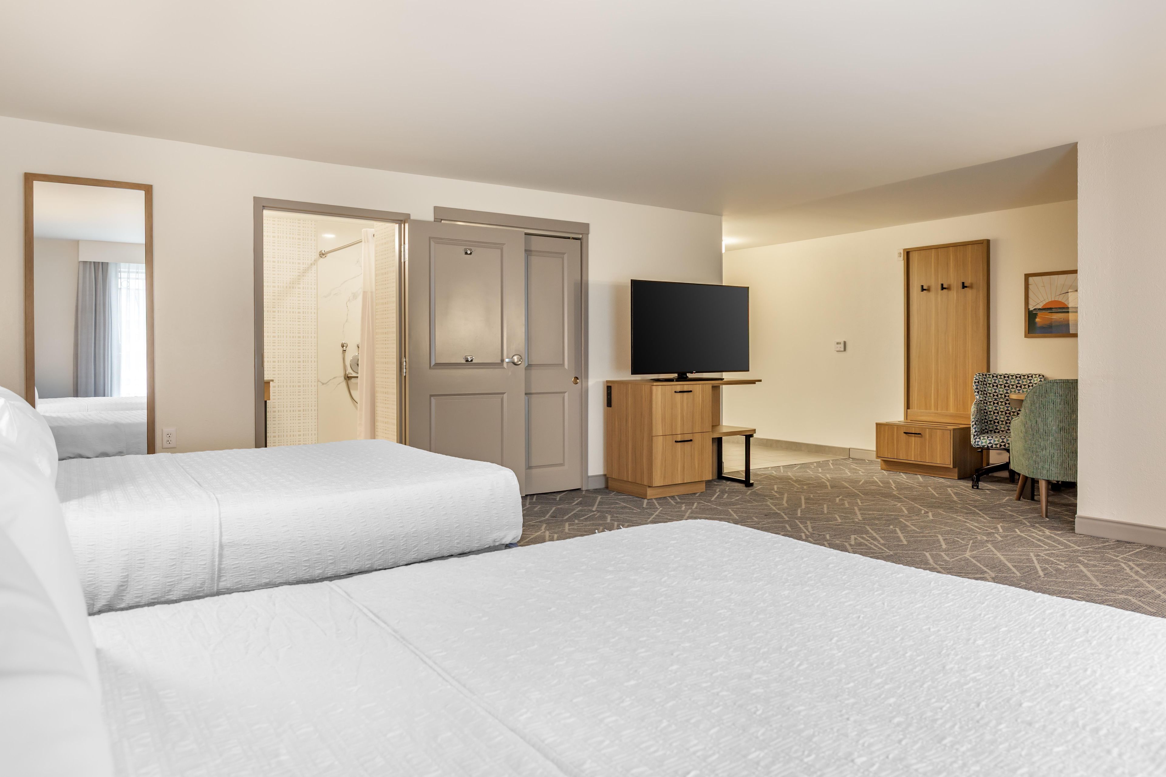 A hotel room with a bed, a TV, a wardrobe, and a shower area.