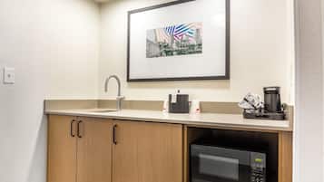Desk, laptop workspace, blackout curtains, iron/ironing board