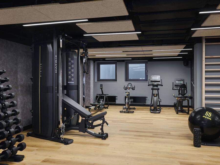 Un gimnasio con equipo de ejercicio, un estante de mancuernas y una pelota medicinal grande.