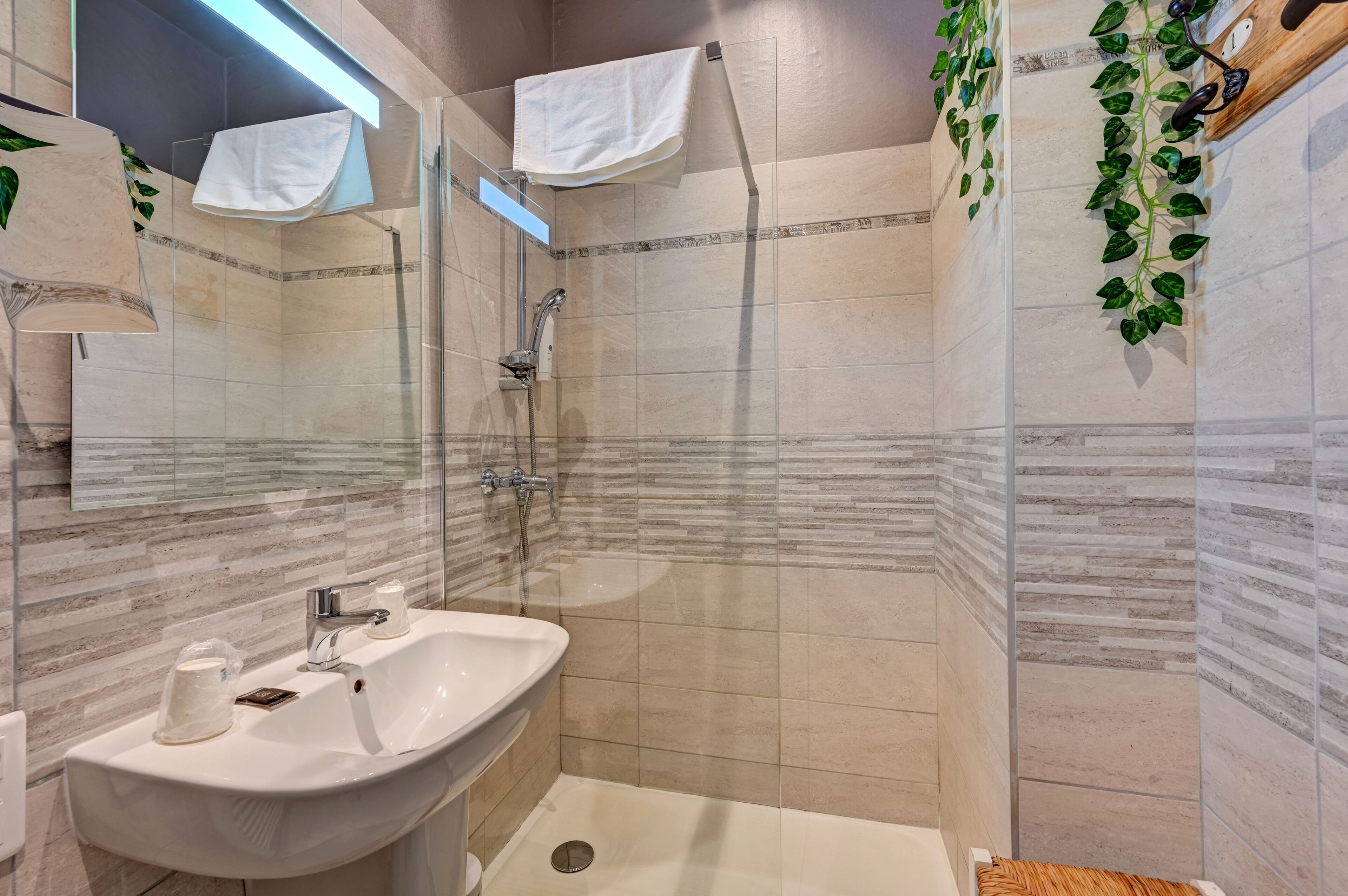 A modern bathroom with a glass shower enclosure, a sink with a mirror, and decorative plants.