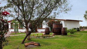 A white building with a tiled roof, surrounded by a well-maintained garden with grass, flowers, and a tree. There are wooden barrels and a large log in the foreground. - Casa Hacienda Nasca Oasis (Nazca)