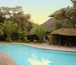 A swimming pool with a thatched-roof structure nearby. - Matumi Game Lodge (Hoedspruit)