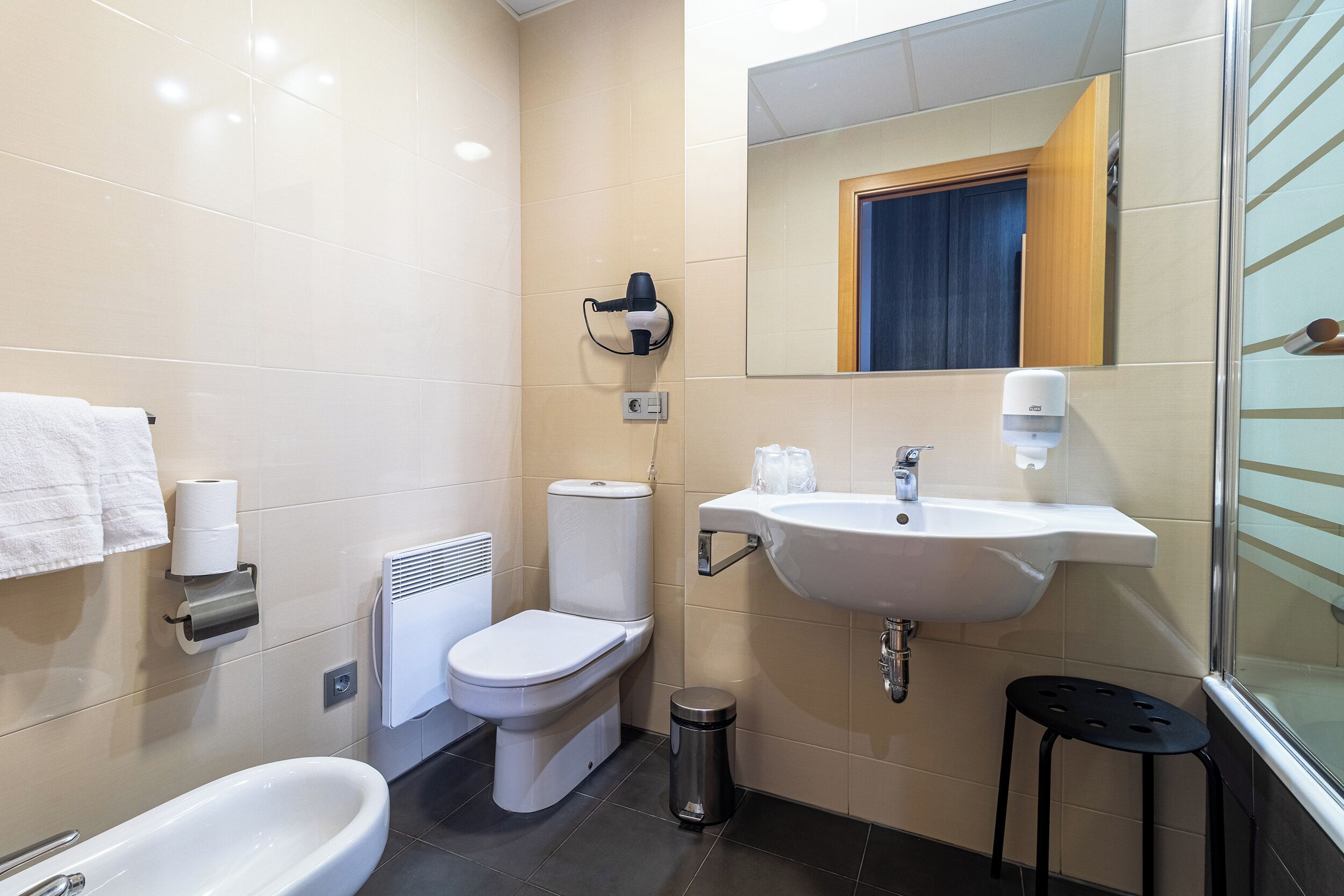 combined shower/bathtub, hair dryer, bidet, towels