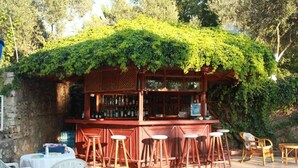 Un espace bar extérieur avec des tabourets et une table en bois, entouré de verdure.