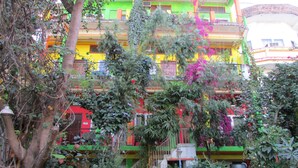 Un edifici de diversos pisos amb balcons, envoltat de vegetació densa i plantes en flor.