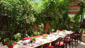 Zona d'àpat exterior amb una taula llarga preparada per a dinar, envoltada de vegetació exuberant i una paret de maó.