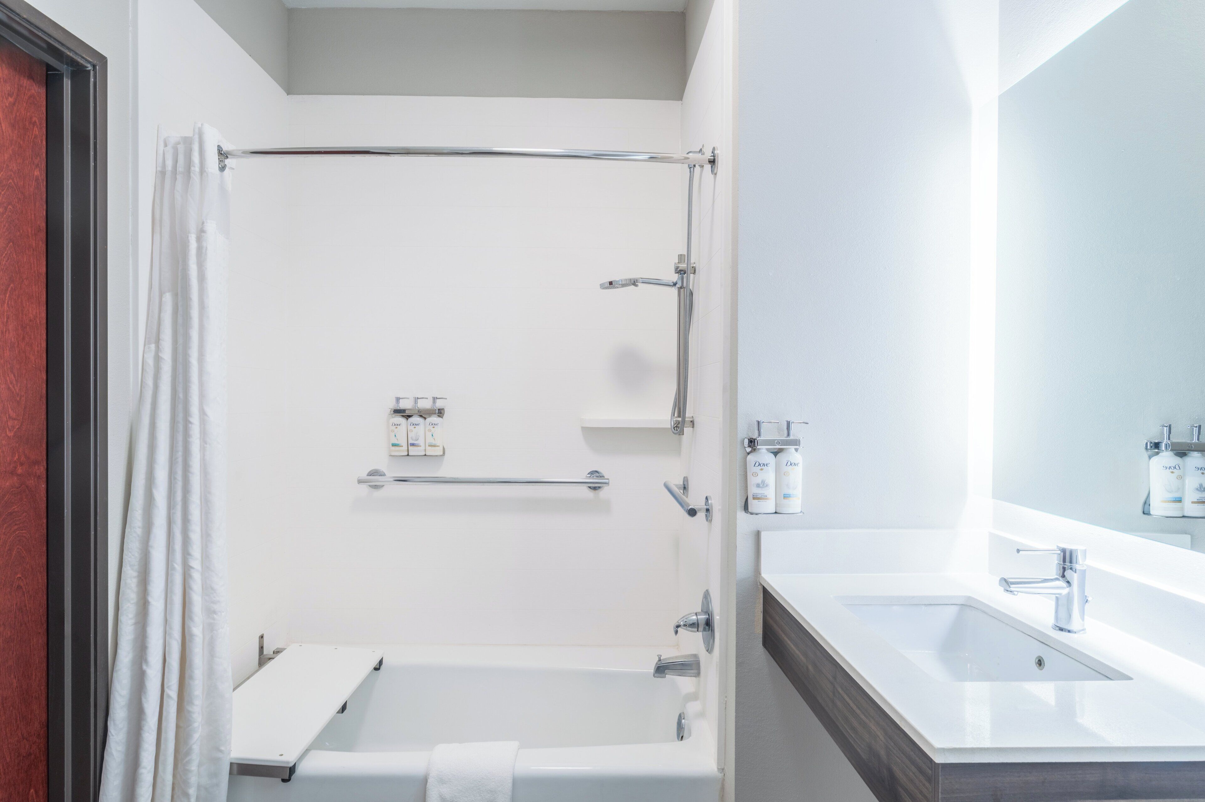 A modern bathroom with a bathtub, a shower, and a vanity with a sink and mirror.