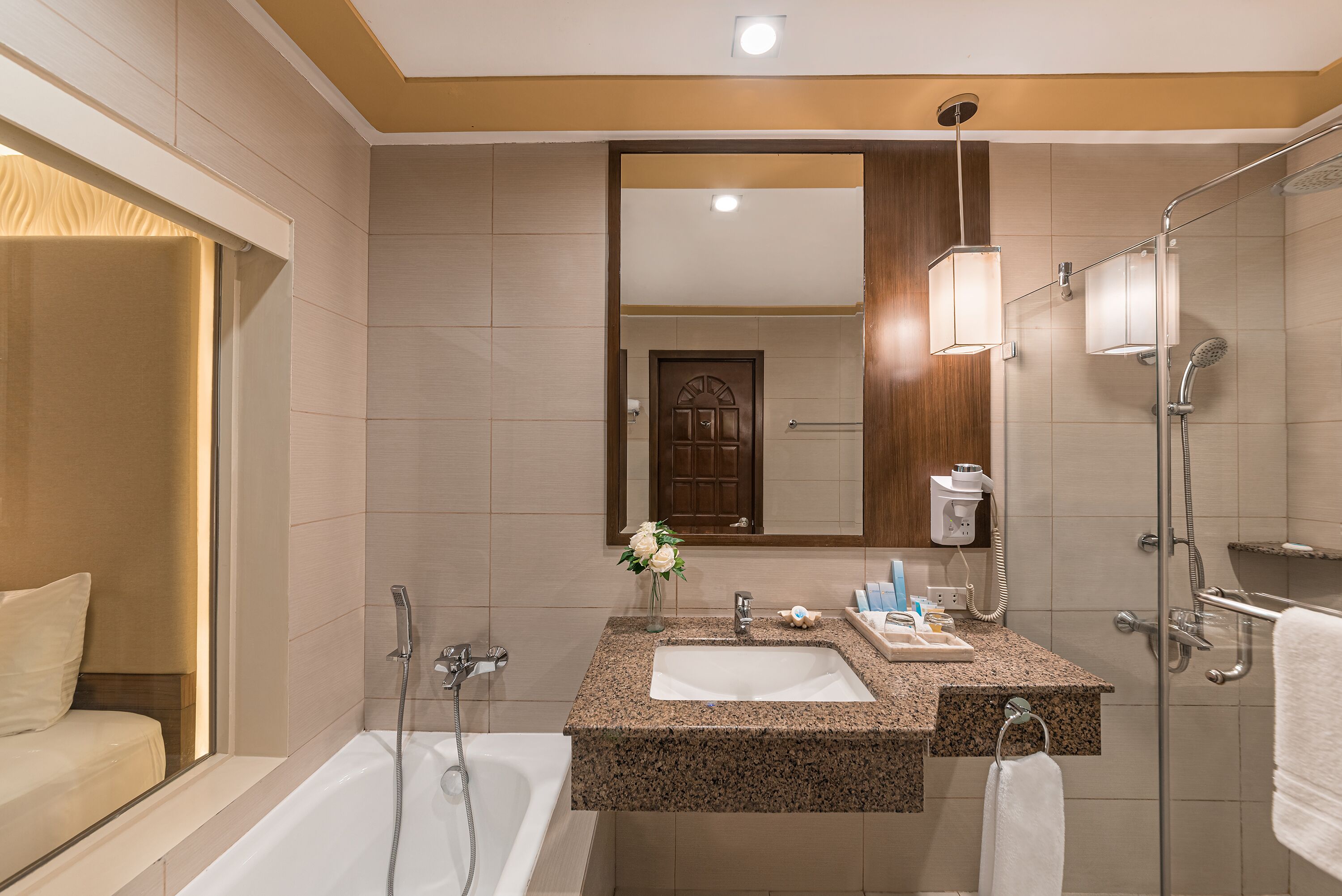 free toiletries, hair dryer, bathrobes, slippers