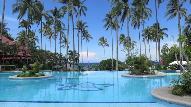 A swimming pool surrounded by tall palm trees and a clear blue sky. - Bahura Resort and Spa (Zamboanguita)