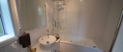 A modern bathroom with a glass-enclosed shower, a white sink, and a bathtub.
