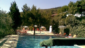 A swimming pool with lounge chairs and umbrellas, surrounded by trees and hills. - Atamer Hotel (Gemlik)