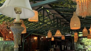Un espace de restauration en plein air, avec des tables et des chaises, abrité par un toit en métal vert et agrémenté de lampes suspendues en osier.