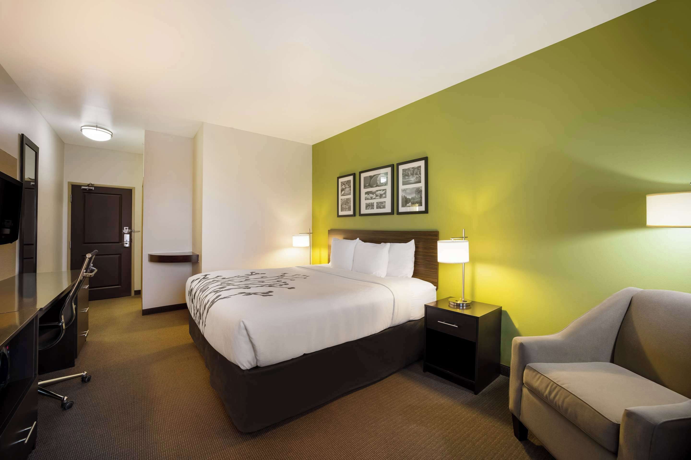 Quarto de hotel com cama, mesas de cabeceira, escrivaninha com cadeira, sofá e quadros na parede.