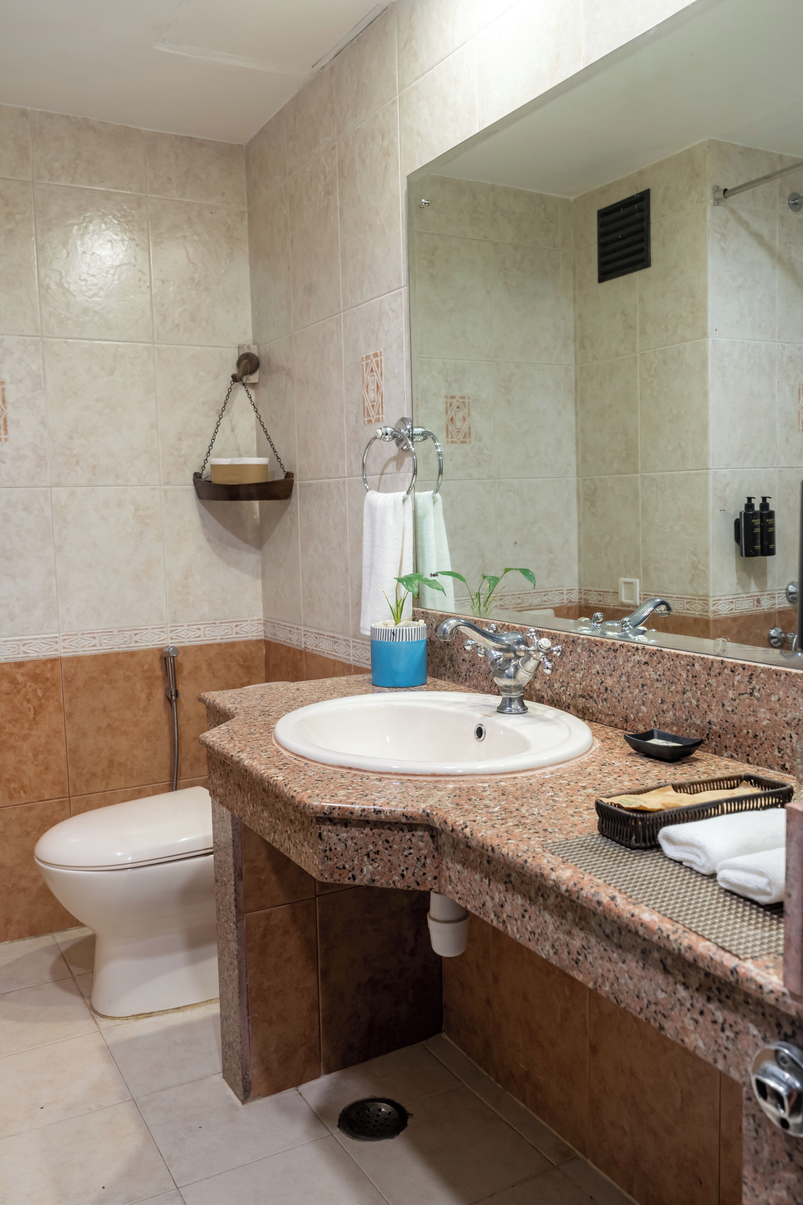 Een badkamer met een wit toilet, een wastafel met een granieten blad, een spiegel en een handdoekhouder.