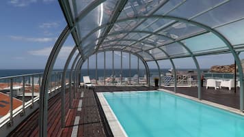 Indoor pool, open 10:00 AM to 8:00 PM, sun loungers