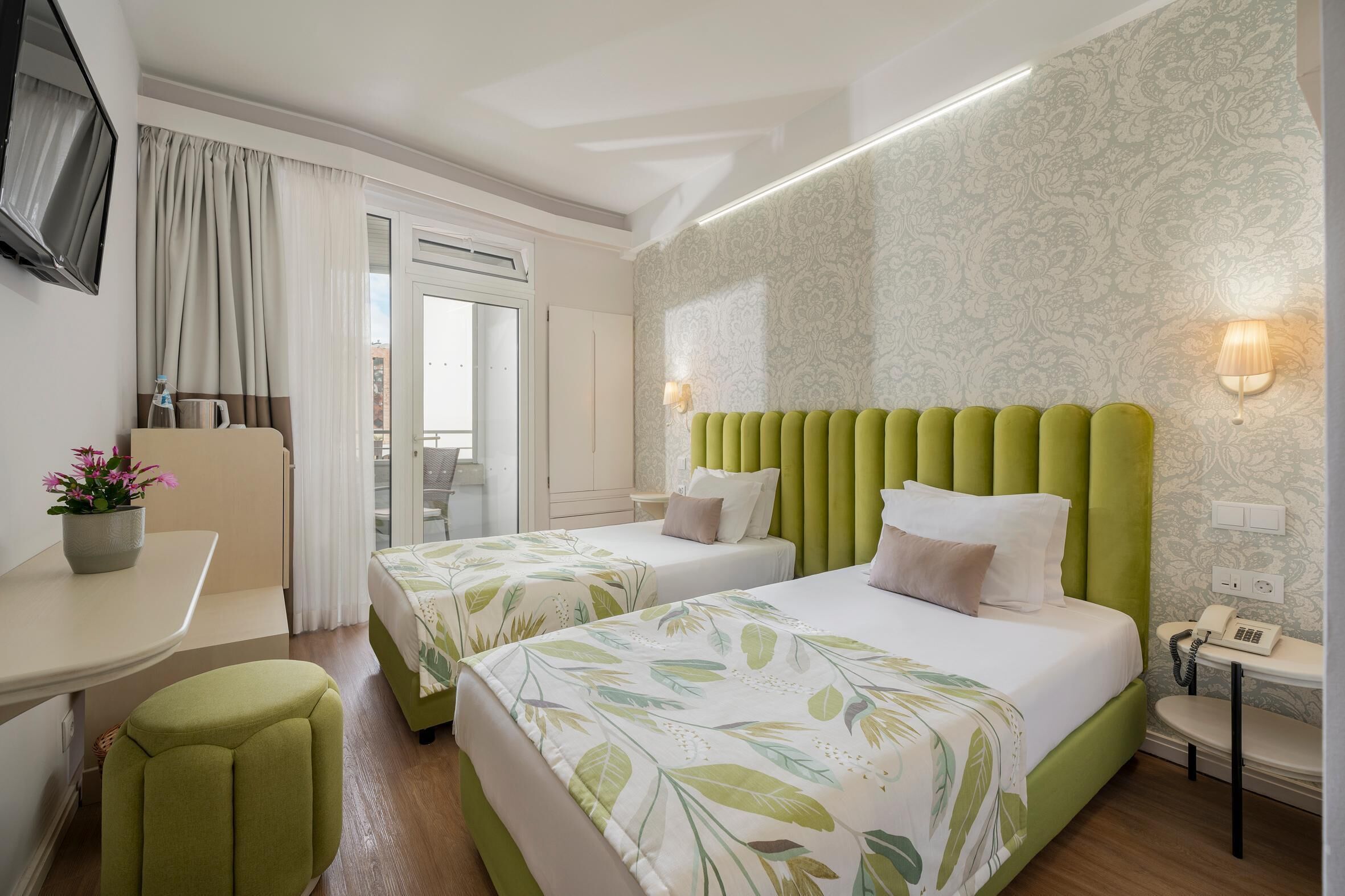 Desk, laptop workspace, blackout curtains, free WiFi