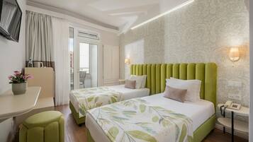 Desk, laptop workspace, blackout curtains, free WiFi