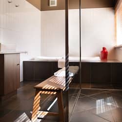Baño | Regadera, amenidades de baño de diseñador, secadora de cabello, batas