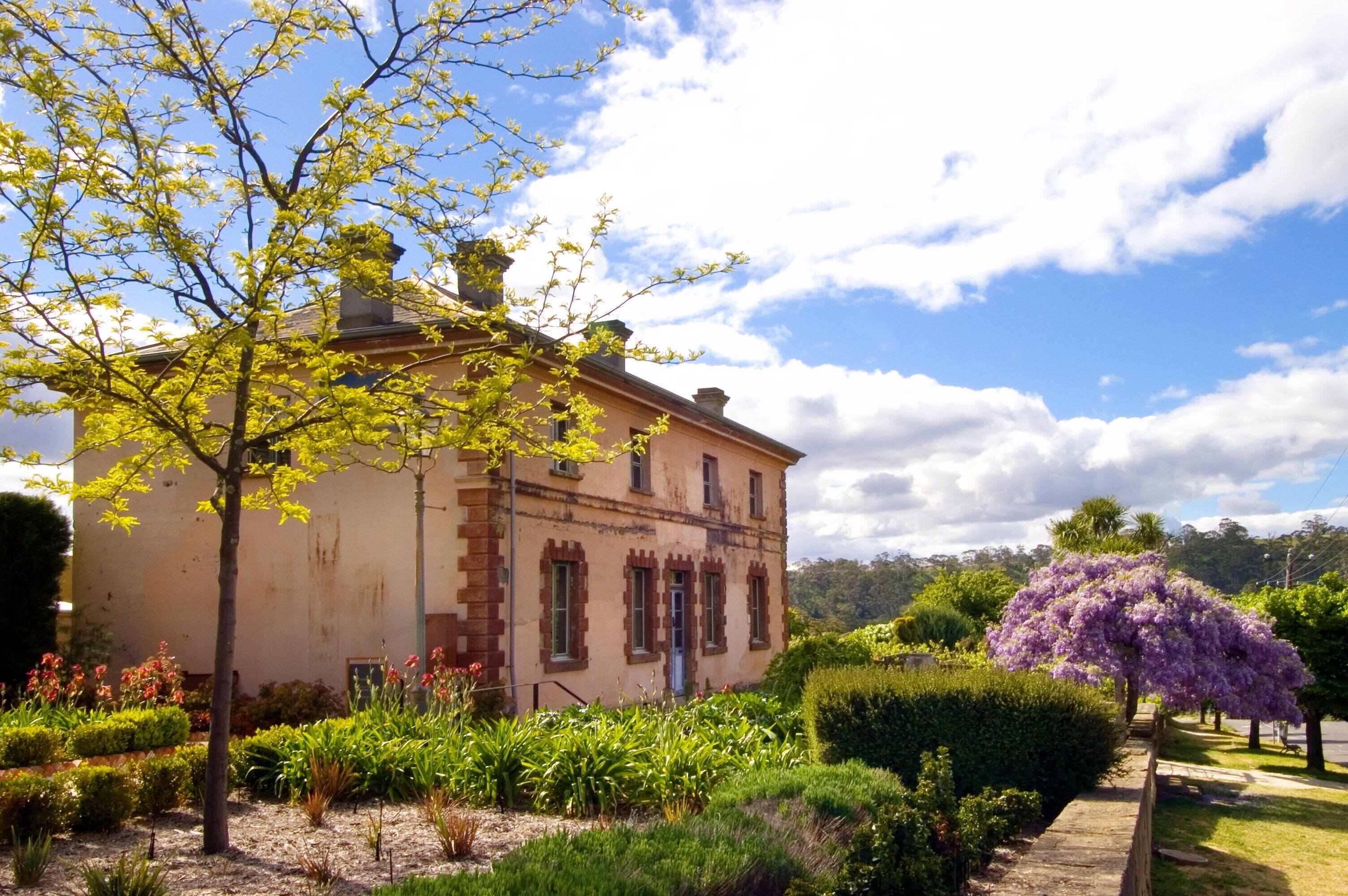 A historic building with a symmetrical facade, surrounded by well-maintained gardens and a large tree with purple flowers.