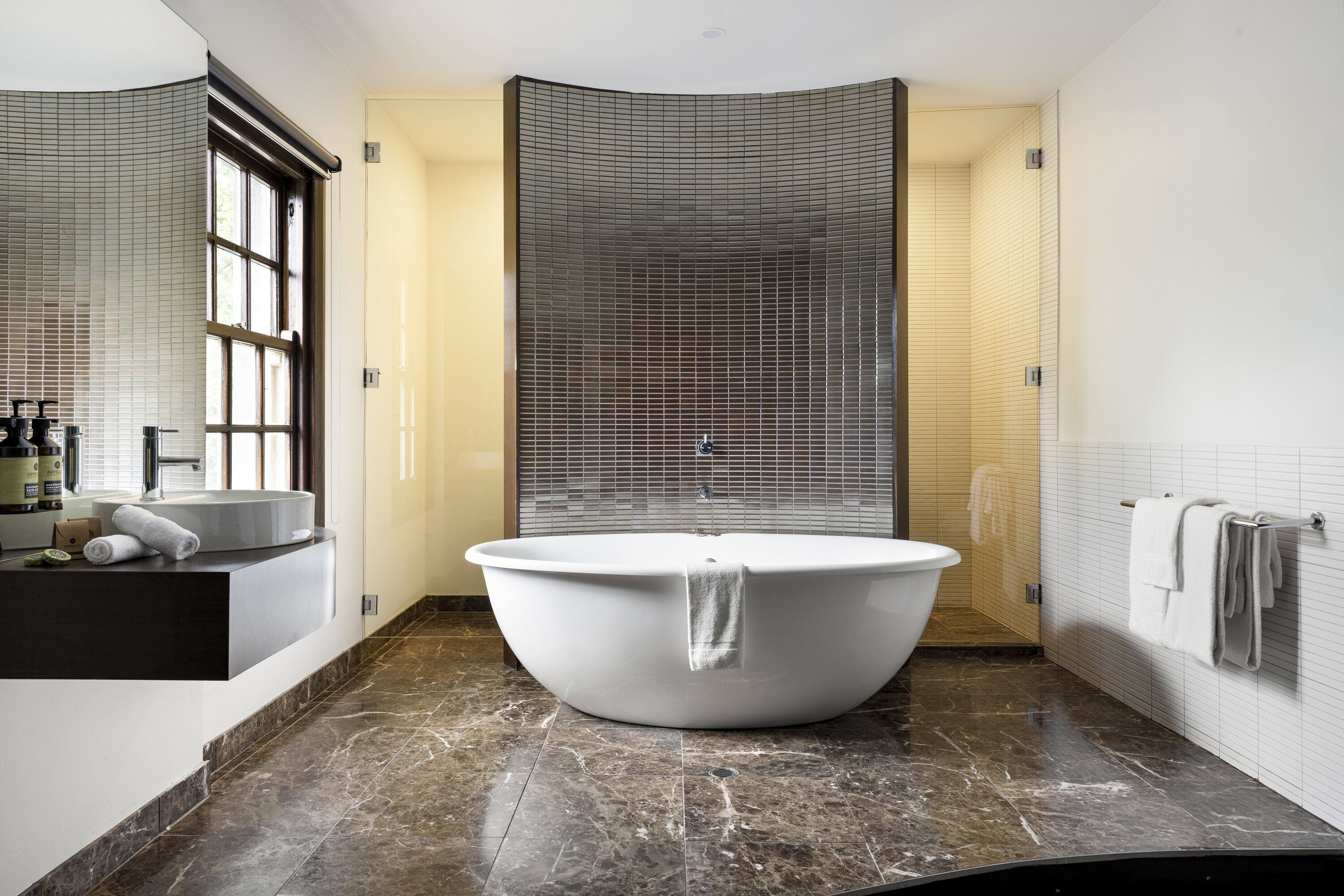 bathroom | shower, designer toiletries, hair dryer, bathrobes