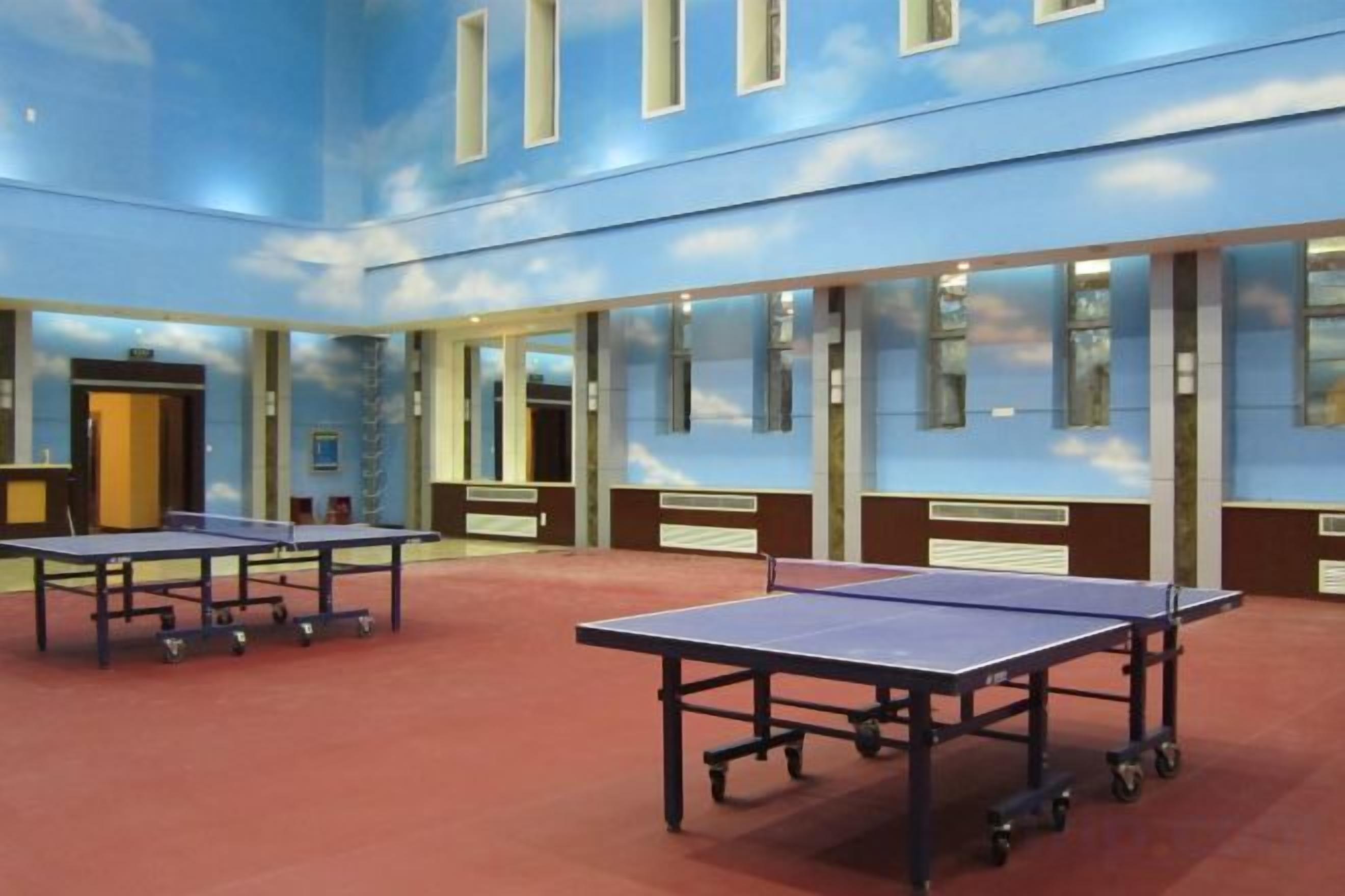 Una habitación con dos mesas de ping pong, amplias ventanas y piso cubierto de alfombra roja.
