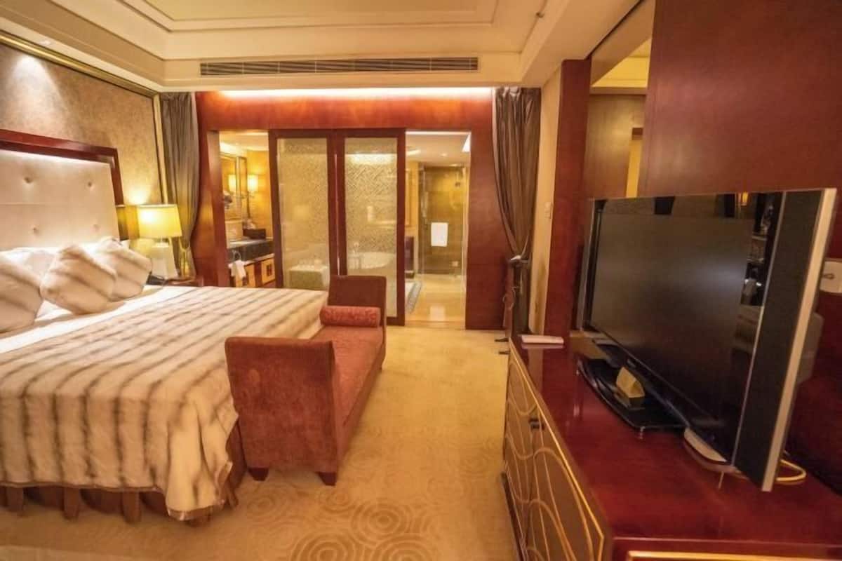 Ein Hotelzimmer mit einem großen Bett, einem Fernseher und einem Spiegel.