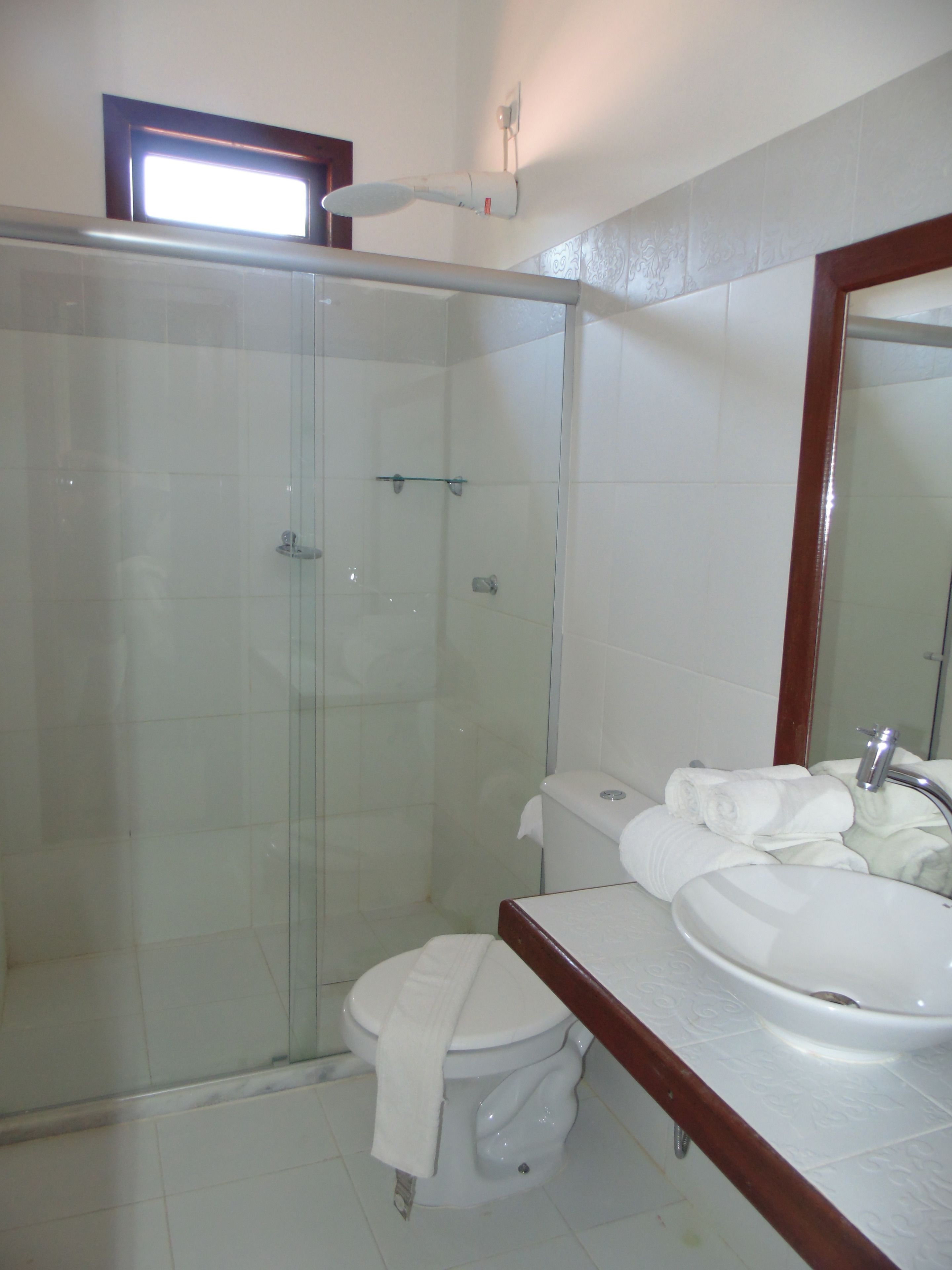 Une salle de bain avec une douche à parois de verre, des toilettes et un lavabo avec un miroir au-dessus.