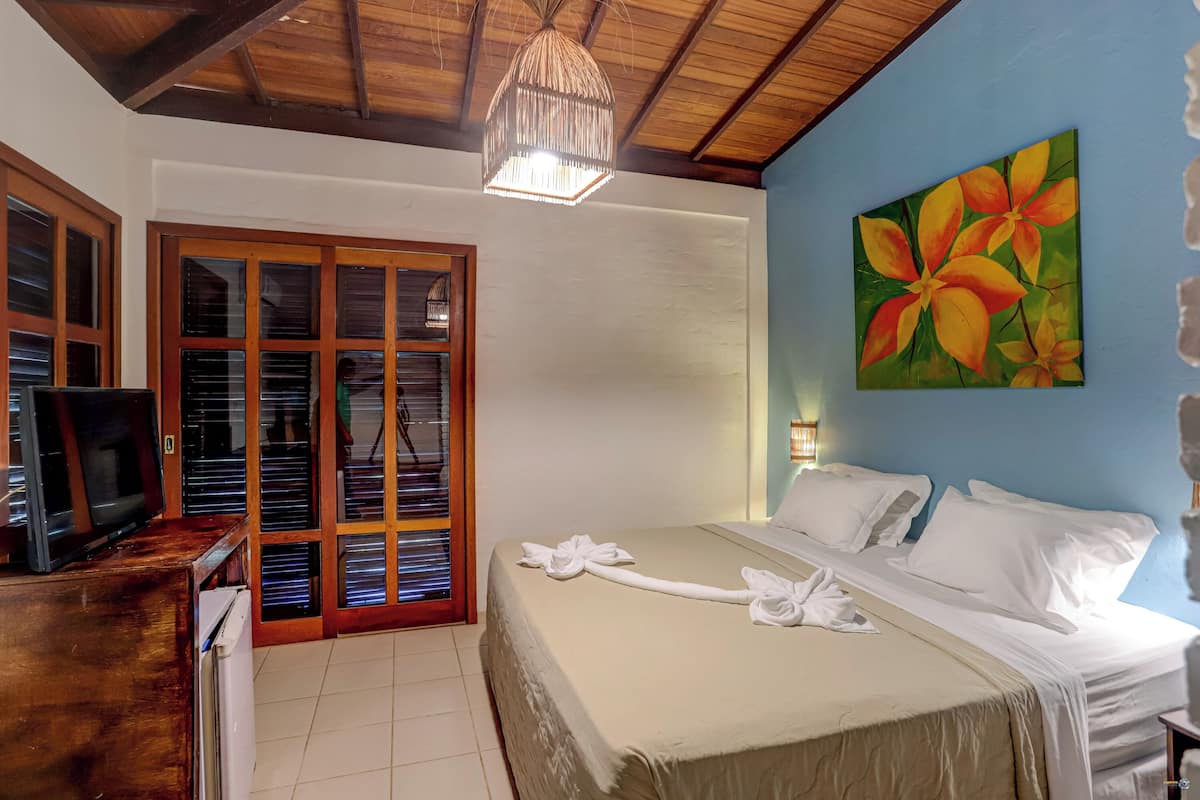 Habitación de hotel con cama, un cuadro de flores, un televisor y una puerta de madera con persianas.