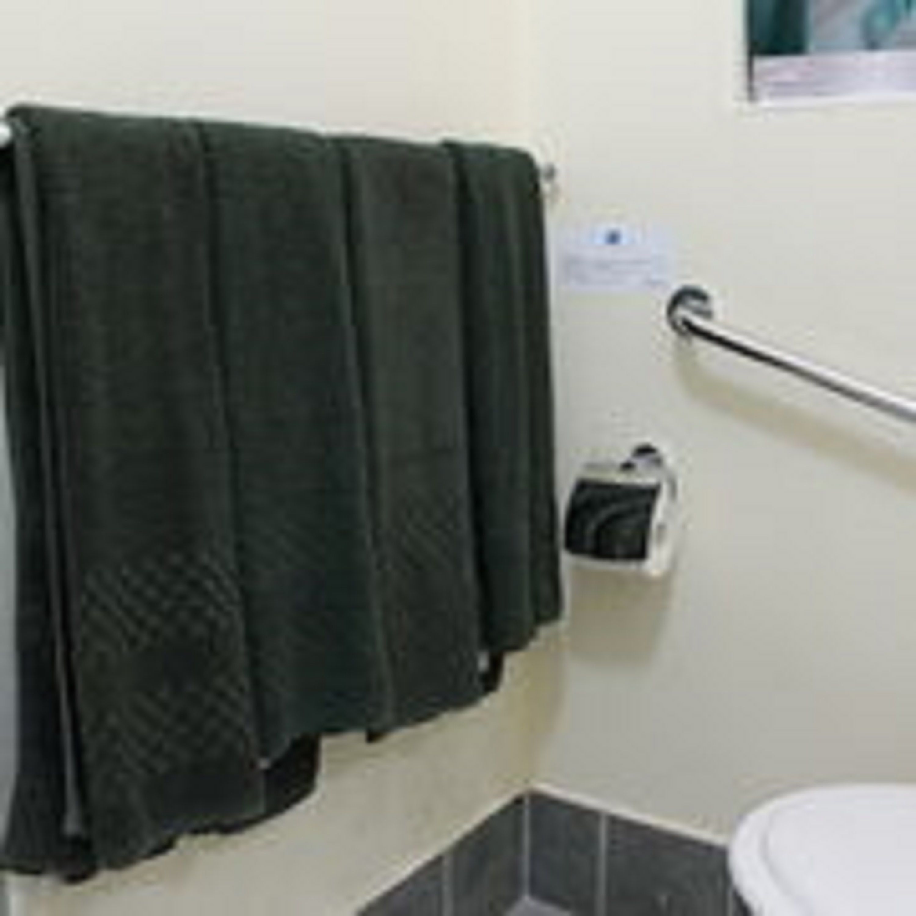 A bathroom with a toilet, a towel rack with a green towel, and a hand dryer.